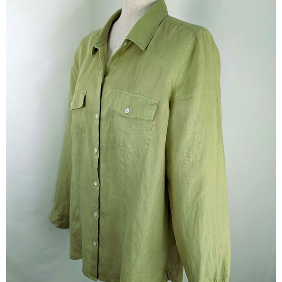 J. Jill Love Linen Women’s LG Button Up Shirt Chartreuse Green Long Sleeve - Picture 3 of 7